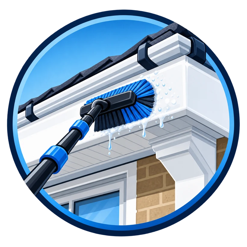 Professional fascia cleaning at a house roofline