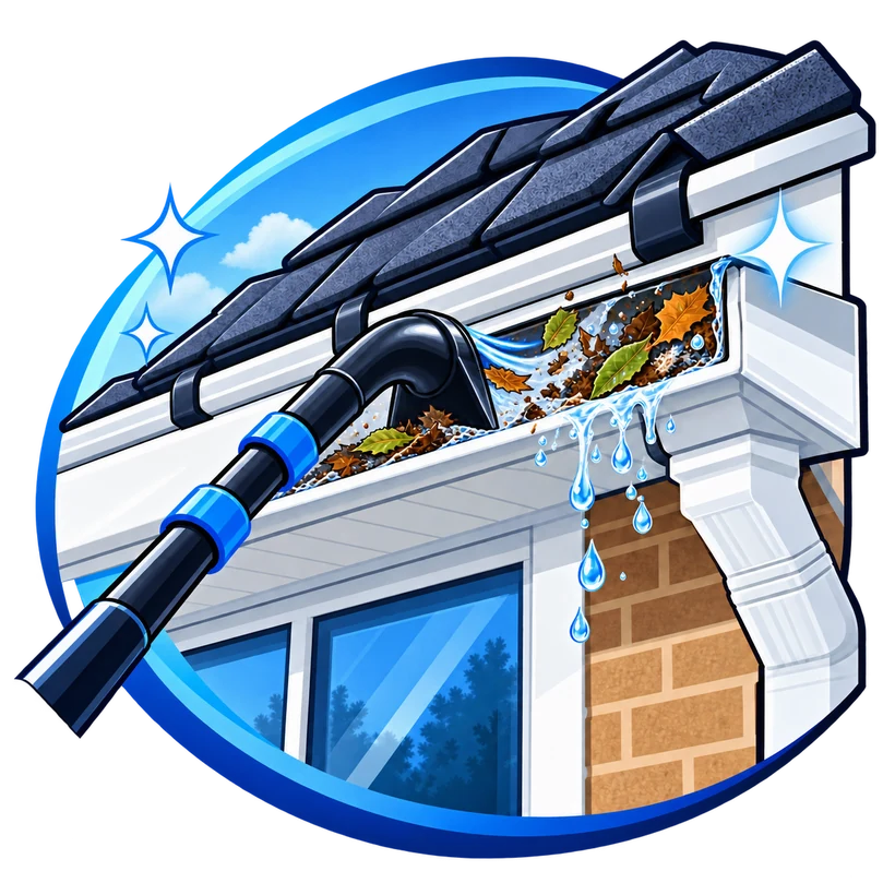 Gutter vacuum cleaning leaves and debris from a house gutter